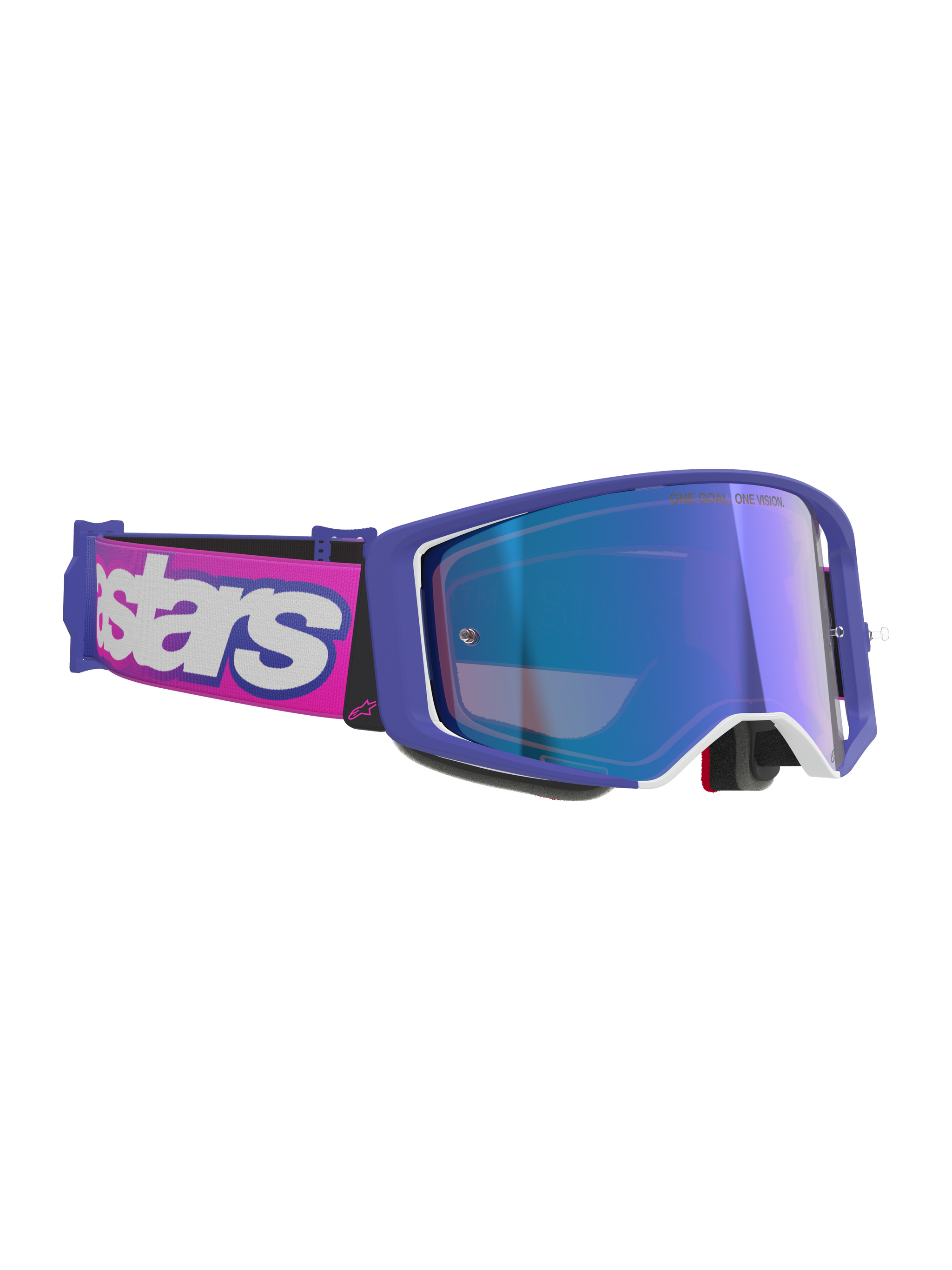 Alpinestars Supertech Vision Vista Goggles, Motocross Goggles, Purple and Fluorescent Pink frame with Mirror Blue reflective lens, pink strap with bold white Alpinestars branding, professional off-road eyewear