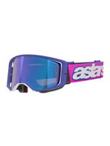 Alpinestars Supertech Vision Vista Goggles, Motocross Goggles, Purple frame with white accents and blue mirror lens, fluo pink strap with bold white 'astars' branding, professional off-road racing eyewear