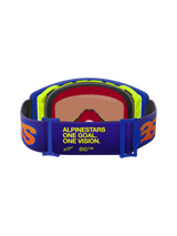 Alpinestars Supertech Vision Vista Goggles, Rear view, Purple strap with yellow "ONE GOAL. ONE VISION." text and orange logos, Blue and Neon Yellow frame, multi-layer face foam, Mirror Red tinted lens, professional motocross eyewear