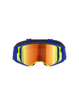 Alpinestars Supertech Vision Vista Goggles, Motocross Goggles, Blue and Yellow frame with a Mirror Red tinted lens, featuring purple and orange reflections, 'ONE GOAL. ONE VISION.' text on the lens, professional high-performance off-road eyewear