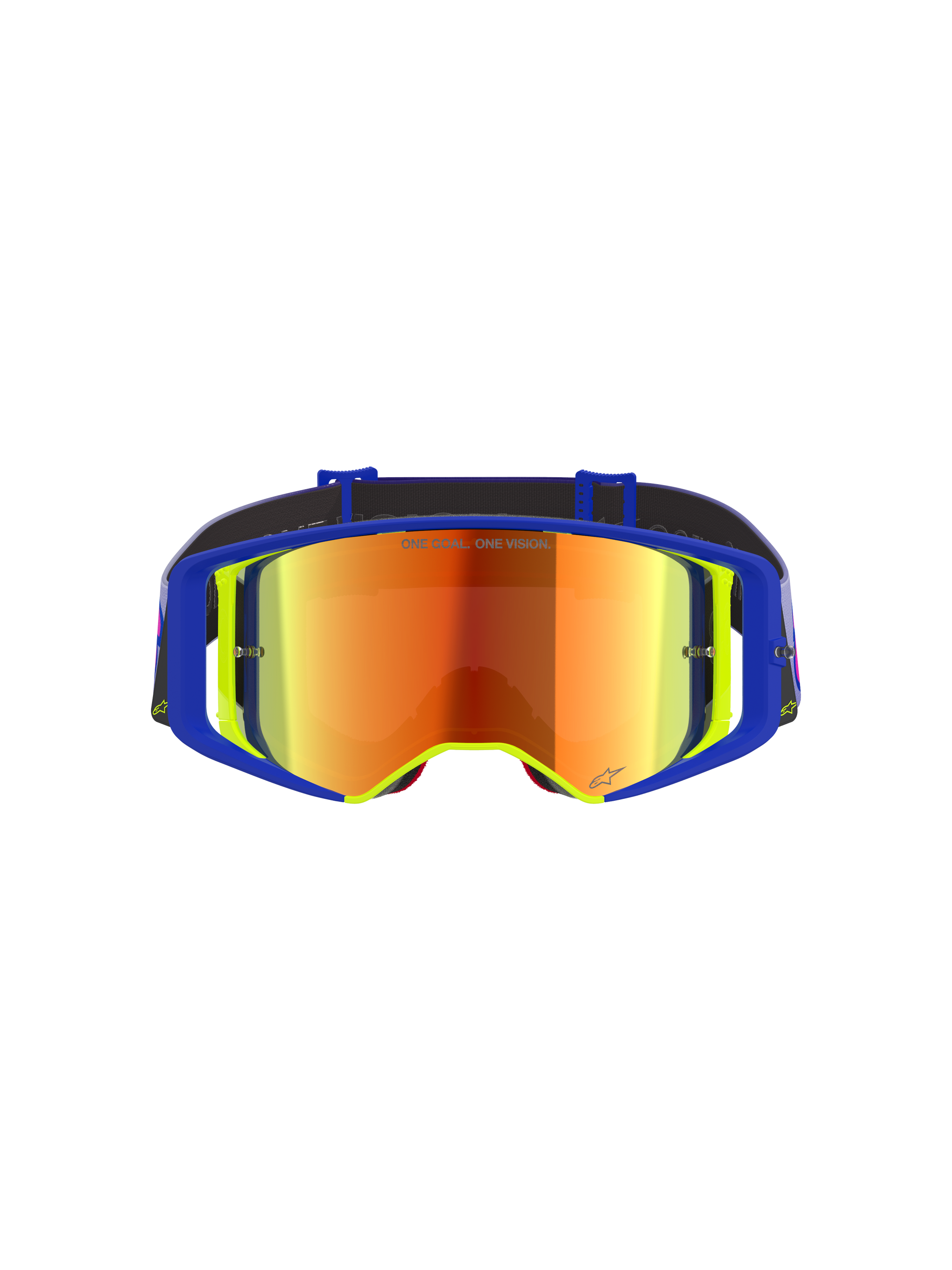 Alpinestars Supertech Vision Vista Goggles, Motocross Goggles, Blue and Yellow frame with a Mirror Red tinted lens, featuring purple and orange reflections, 'ONE GOAL. ONE VISION.' text on the lens, professional high-performance off-road eyewear