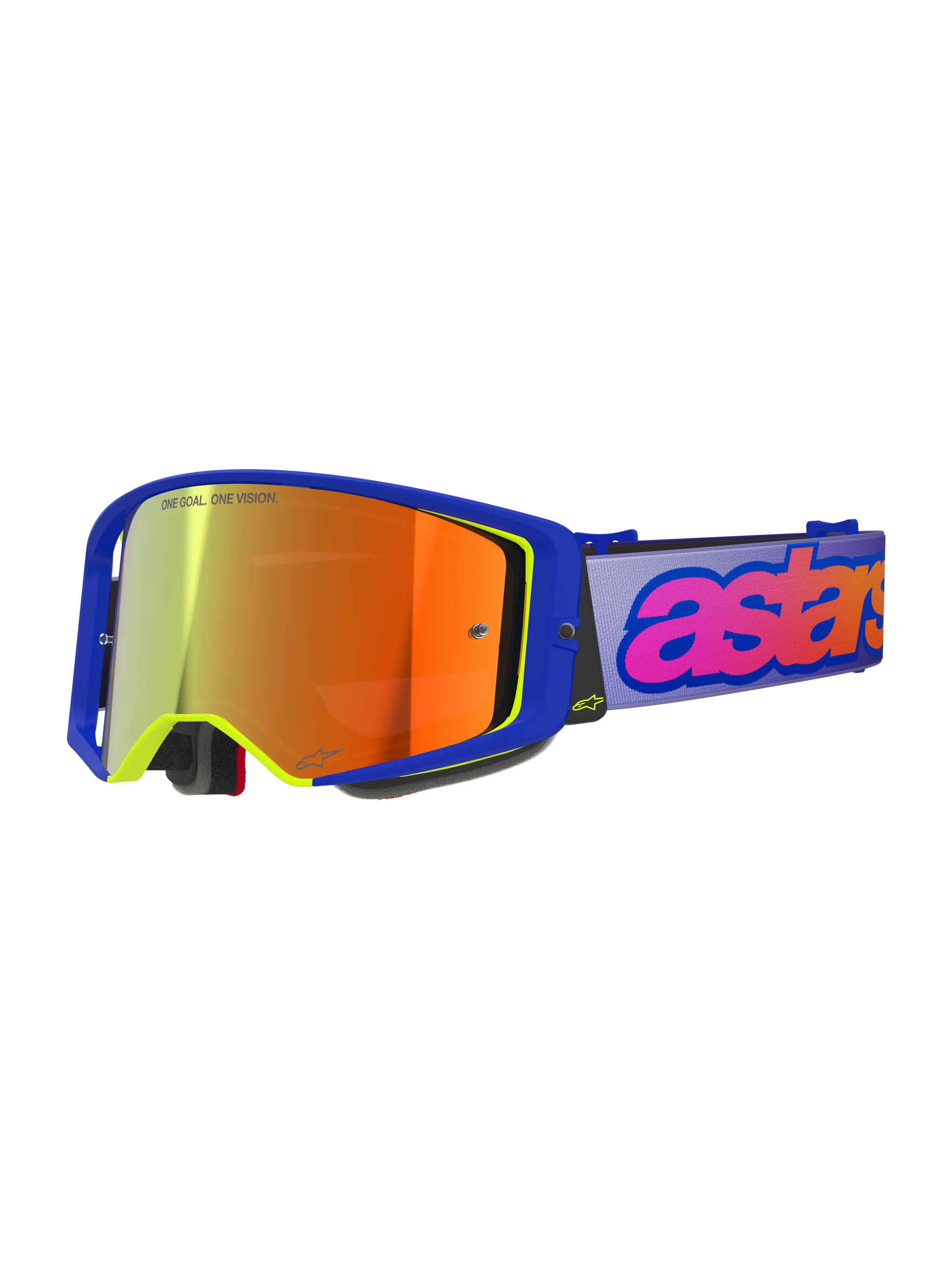 Alpinestars Supertech Vision Vista Goggles, Motocross Goggles, Blue frame with neon yellow accents, Orange-red mirrored lens, Light purple strap with pink and orange 'astars' branding, 'ONE GOAL. ONE VISION.' lens text