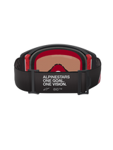 Alpinestars Supertech Corp Goggles Absolute Vision, Back View, Black and Red, featuring white 'ALPINESTARS ONE GOAL. ONE VISION.' text on a wide black strap, red inner frame accents, professional motocross goggles