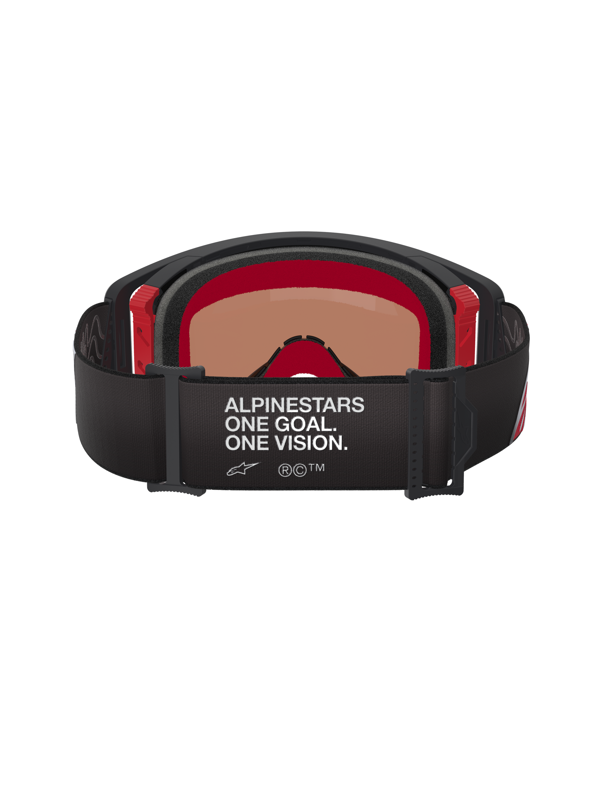 Alpinestars Supertech Corp Goggles Absolute Vision, Back View, Black and Red, featuring white 'ALPINESTARS ONE GOAL. ONE VISION.' text on a wide black strap, red inner frame accents, professional motocross goggles