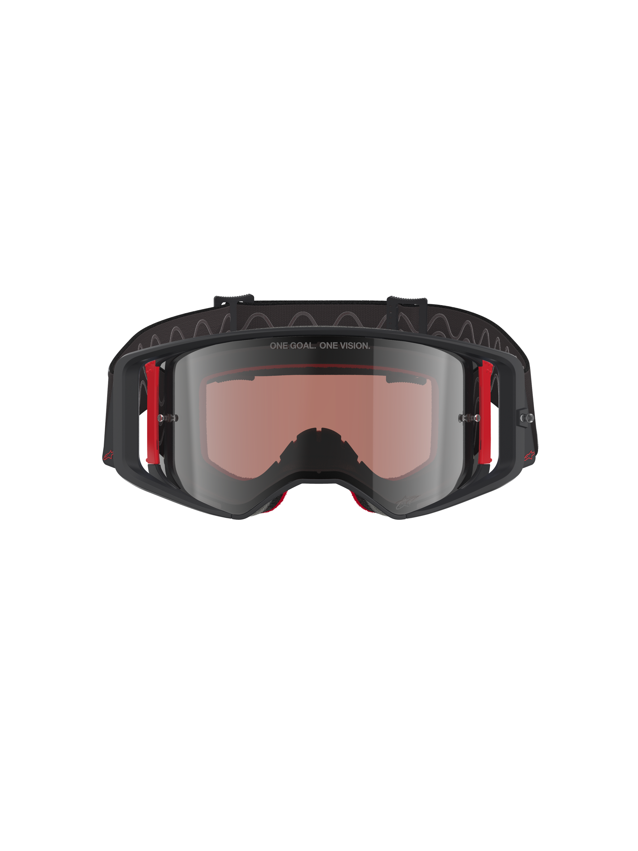 Alpinestars Supertech Corp Goggles Absolute Vision, Motocross Goggles, Black and Red frame with Mirror Silver lens, featuring 'ONE GOAL. ONE VISION.' text on the top frame and red side accents, professional-grade eye protection for motocross