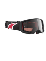 Alpinestars Supertech Corp Goggles Absolute Vision, Motocross Goggles, Black and Red with Mirror Silver Lens, angled profile showing black strap with large red and white star logo, sleek frame design for off-road performance