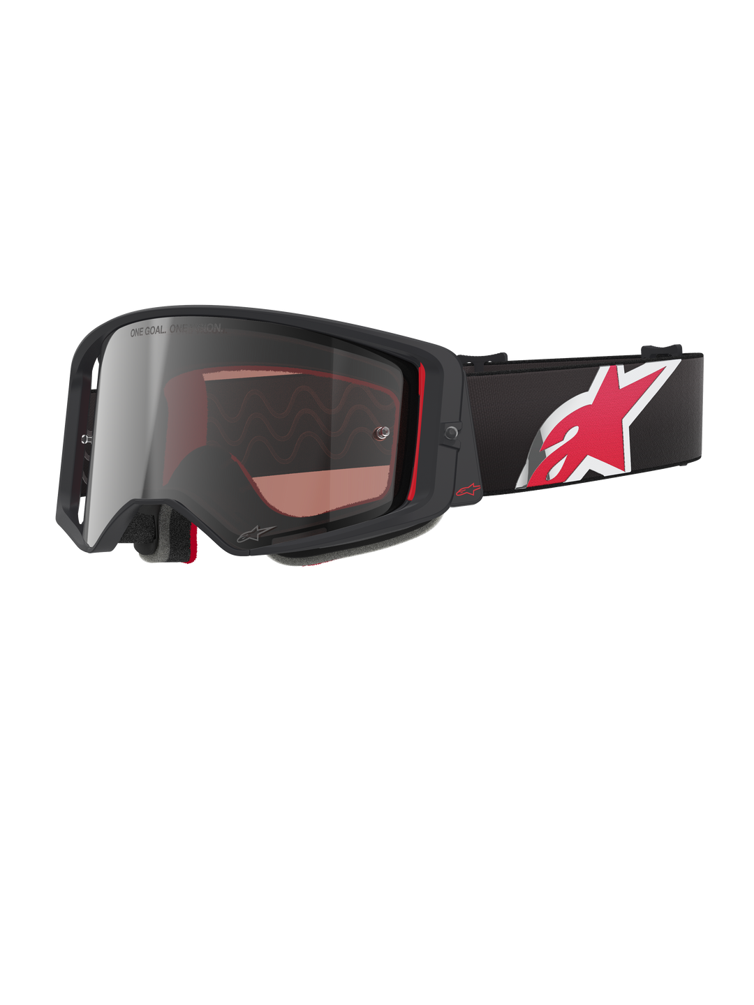 Alpinestars Supertech Corp Goggles Absolute Vision, Motocross Goggles, Black and Red with Mirror Silver Lens, featuring "ONE GOAL. ONE VISION." branding, black strap with large red and white star logo, angular frame design with foam padding, premium off-road eye protection
