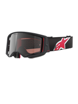Alpinestars Supertech Corp Goggles Absolute Vision, Motocross Goggles, Black and Red with Mirror Silver Lens, featuring "ONE GOAL. ONE VISION." branding, black strap with large red and white star logo, angular frame design with foam padding, premium off-road eye protection
