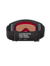 Alpinestars Supertech Corp Goggles Absolute Vision, Motocross Goggles, Black and Grey, rear view showing black adjustable strap with white 'ALPINESTARS ONE GOAL. ONE VISION.' text, warm-tinted lens, and multi-layer face foam.