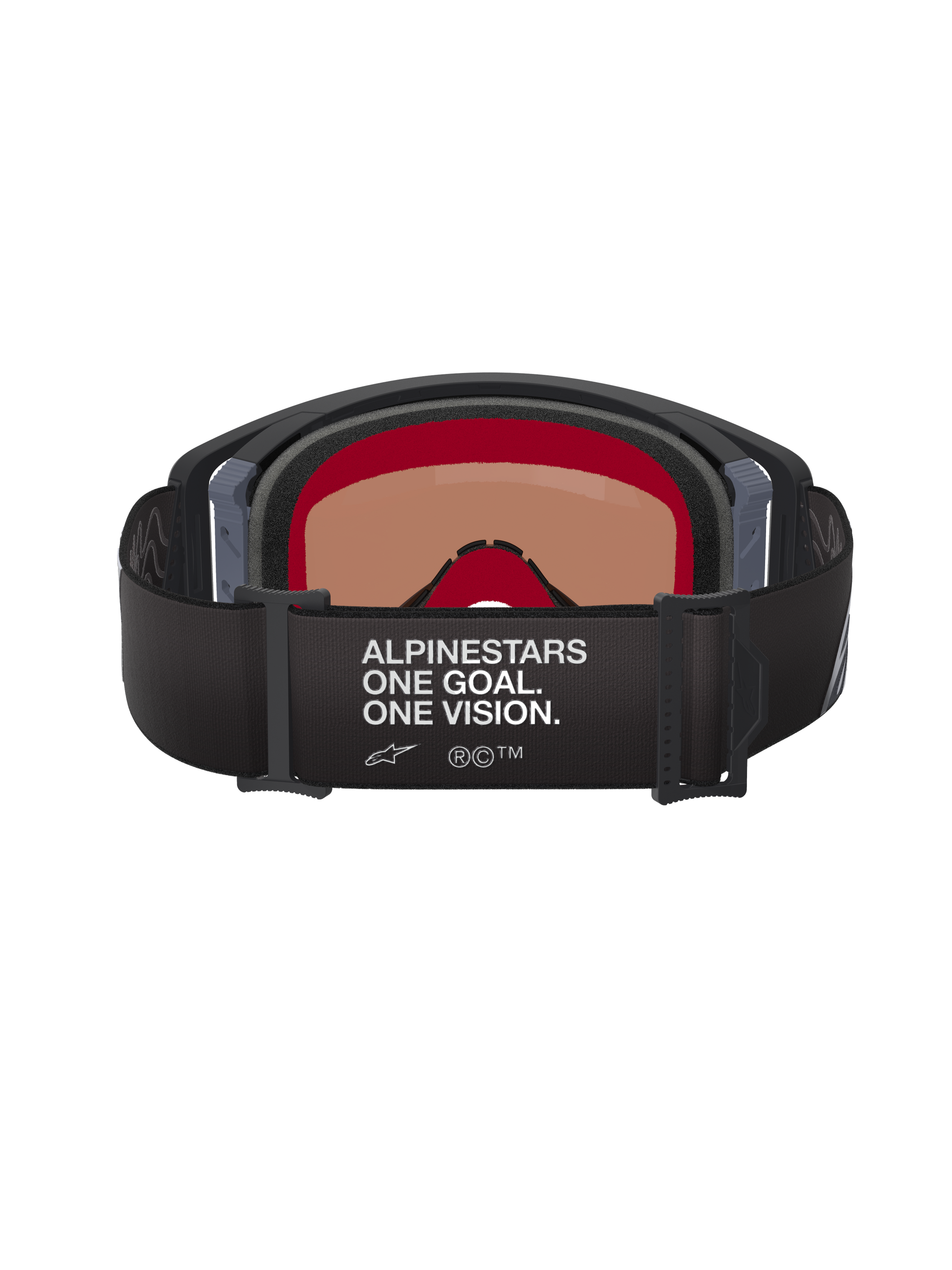 Alpinestars Supertech Corp Goggles Absolute Vision, Motocross Goggles, Black and Grey, rear view showing black adjustable strap with white 'ALPINESTARS ONE GOAL. ONE VISION.' text, warm-tinted lens, and multi-layer face foam.