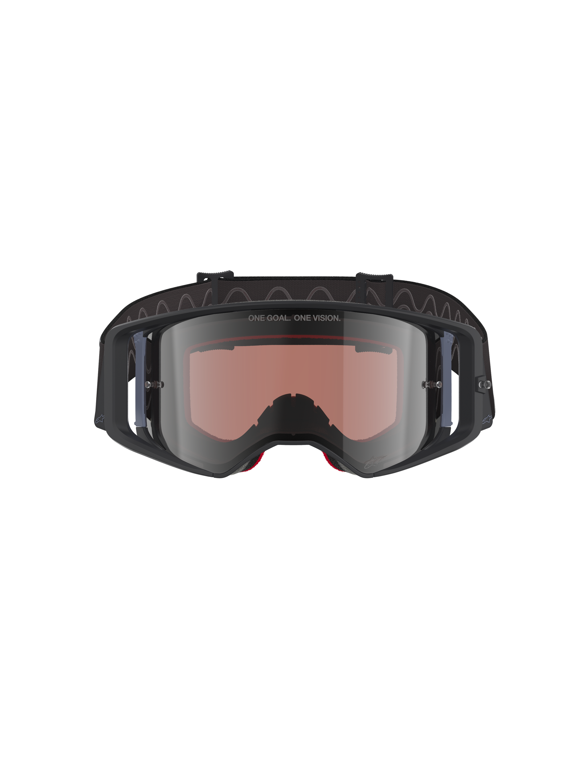 Alpinestars Supertech Corp Goggles Absolute Vision, Motocross Goggles, Black Grey Mirror Silver, featuring "ONE GOAL. ONE VISION." text on lens, wide-view polycarbonate lens, high-performance eye protection for off-road racing