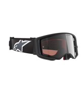 Alpinestars Supertech Corp Goggles Absolute Vision, Motocross Goggles, Black and Grey frame with Mirror Silver lens, wide black strap featuring white and grey Astars logo, performance eyewear for off-road racing.