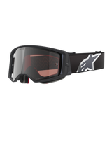 Alpinestars Supertech Corp Goggles Absolute Vision, Motocross Goggles, Black and Grey with Mirror Silver Lens, featuring an angular frame, adjustable black strap with a prominent white star logo, and multi-layer face foam for off-road performance.