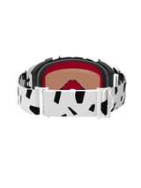 Rear view of Alpinestars Supertech Corp Goggles Absolute Vision, White Gold Mirror Gold, featuring a white strap with black abstract patterns, white adjustment buckles, and multi-layer face foam for motocross and off-road racing.