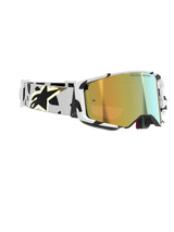 Alpinestars Supertech Corp Goggles Absolute Vision, Motocross Goggles, White frame with black graphic patterns, Gold Mirror lens, white and black strap with gold Alpinestars logo, high-performance protective eyewear for racing.