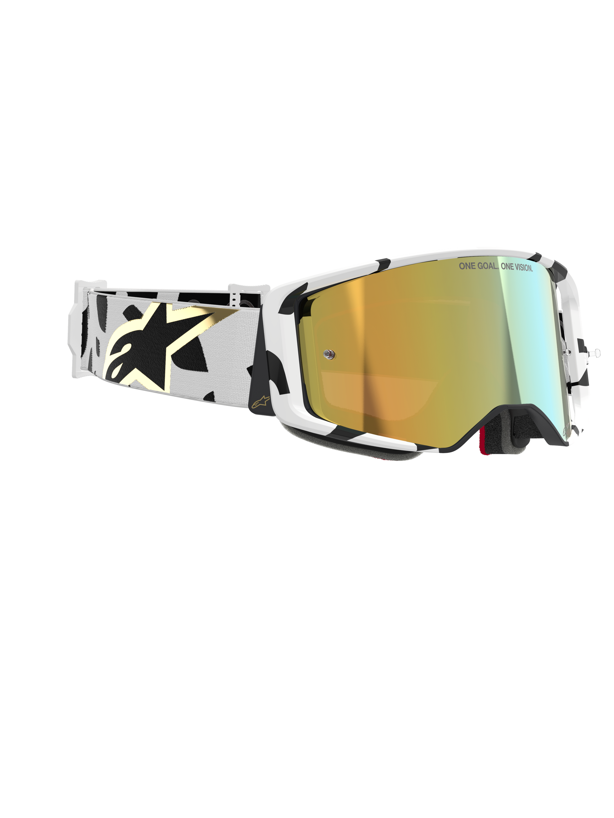 Alpinestars Supertech Corp Goggles Absolute Vision, Motocross Goggles, White frame with black graphic patterns, Gold Mirror lens, white and black strap with gold Alpinestars logo, high-performance protective eyewear for racing.