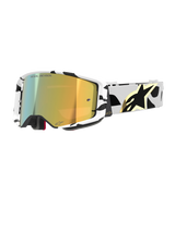 Alpinestars Supertech Corp Goggles Absolute Vision, Motocross Goggles, white and black patterned frame with gold mirror lens, wide strap with black abstract design and gold Alpinestars logo, "ONE GOAL. ONE VISION." branding on lens, high-performance racing gear.
