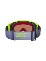 Alpinestars Supertech Vision Corp Goggles, back view, light purple strap featuring neon yellow 'ALPINESTARS ONE GOAL. ONE VISION.' text, neon yellow frame, multi-layer black face foam, and tinted lens for motocross and off-road racing