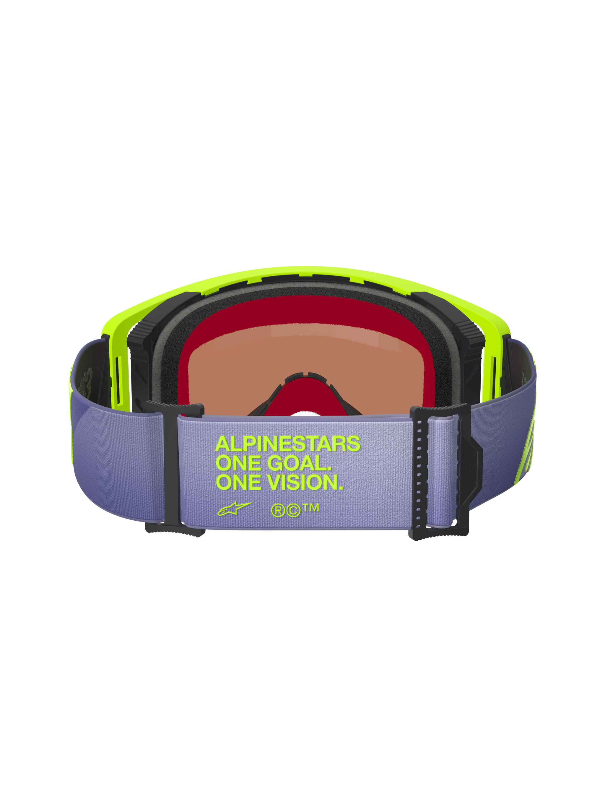 Alpinestars Supertech Vision Corp Goggles, back view, light purple strap featuring neon yellow 'ALPINESTARS ONE GOAL. ONE VISION.' text, neon yellow frame, multi-layer black face foam, and tinted lens for motocross and off-road racing