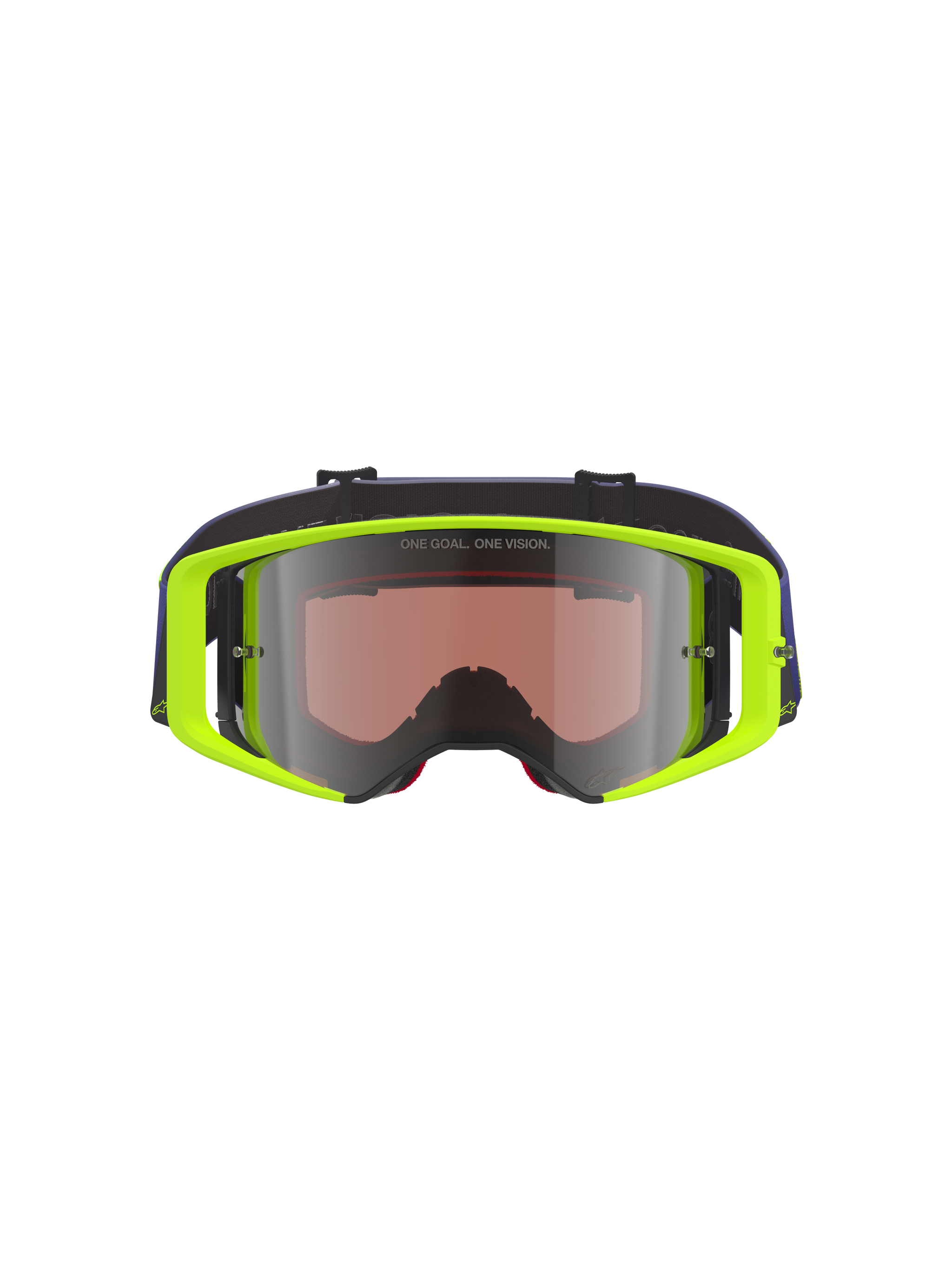 Alpinestars Supertech Vision Corp Goggles, Motocross Goggles, Fluorescent Yellow frame with Purple strap, Mirror Silver tinted lens featuring 'ONE GOAL. ONE VISION.' text, high-performance eye protection for off-road racing