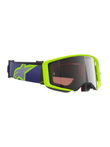 Alpinestars Supertech Vision Corp Goggles, Motocross Goggles, Fluorescent Yellow and Purple, Mirror Silver lens, purple elastic strap with lime yellow Astars logo, specialized eye protection for off-road and dirt bike racing