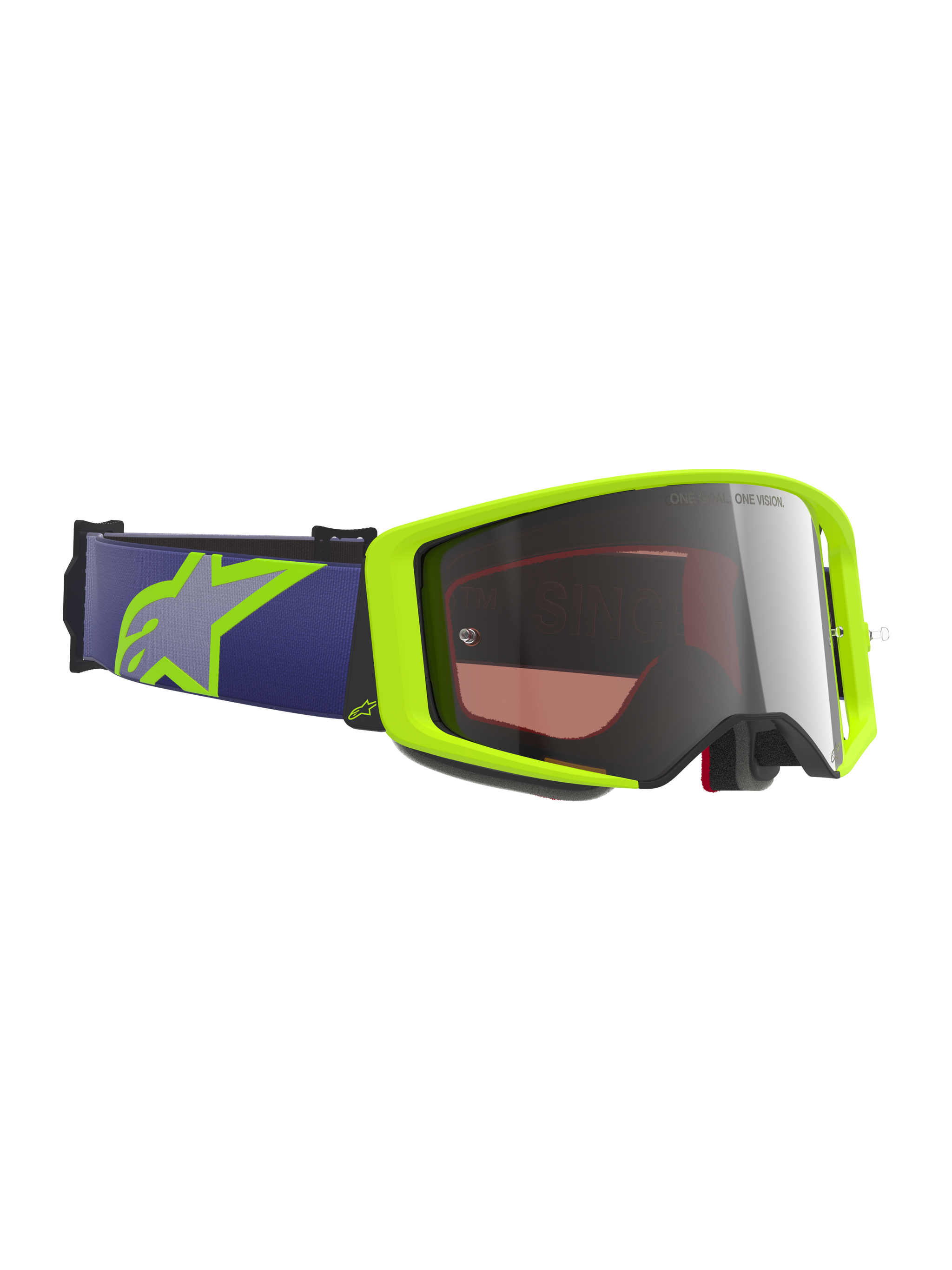 Alpinestars Supertech Vision Corp Goggles, Motocross Goggles, Fluorescent Yellow and Purple, Mirror Silver lens, purple elastic strap with lime yellow Astars logo, specialized eye protection for off-road and dirt bike racing