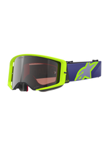 Alpinestars Supertech Vision Corp Goggles, Motocross Off-Road Goggles, Neon Yellow and Purple, silver mirrored lens with One Goal One Vision text, purple strap with large neon yellow star logo, black foam padding, high-impact curved lens design