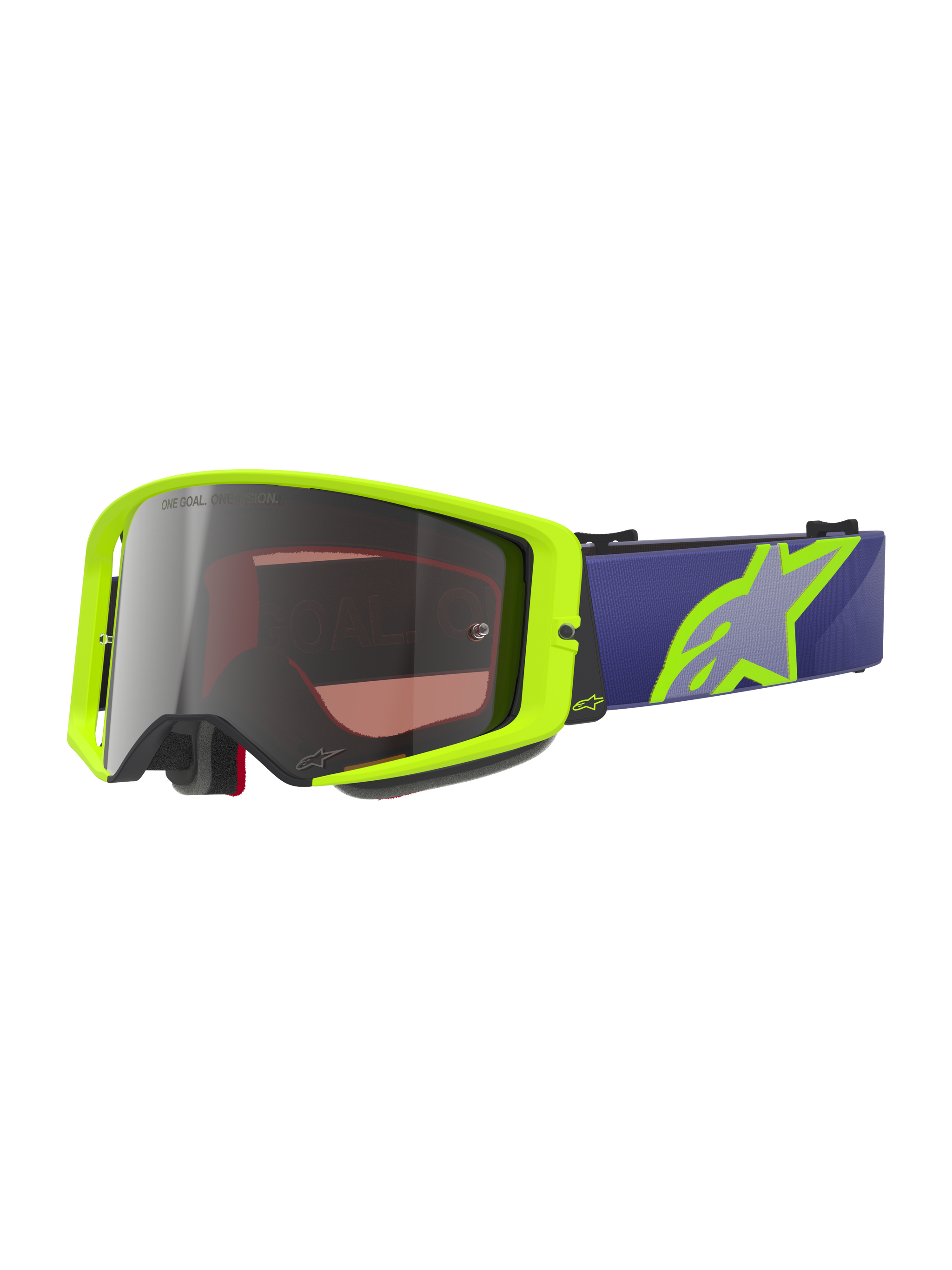 Alpinestars Supertech Vision Corp Goggles, Motocross Off-Road Goggles, Neon Yellow and Purple, silver mirrored lens with One Goal One Vision text, purple strap with large neon yellow star logo, black foam padding, high-impact curved lens design