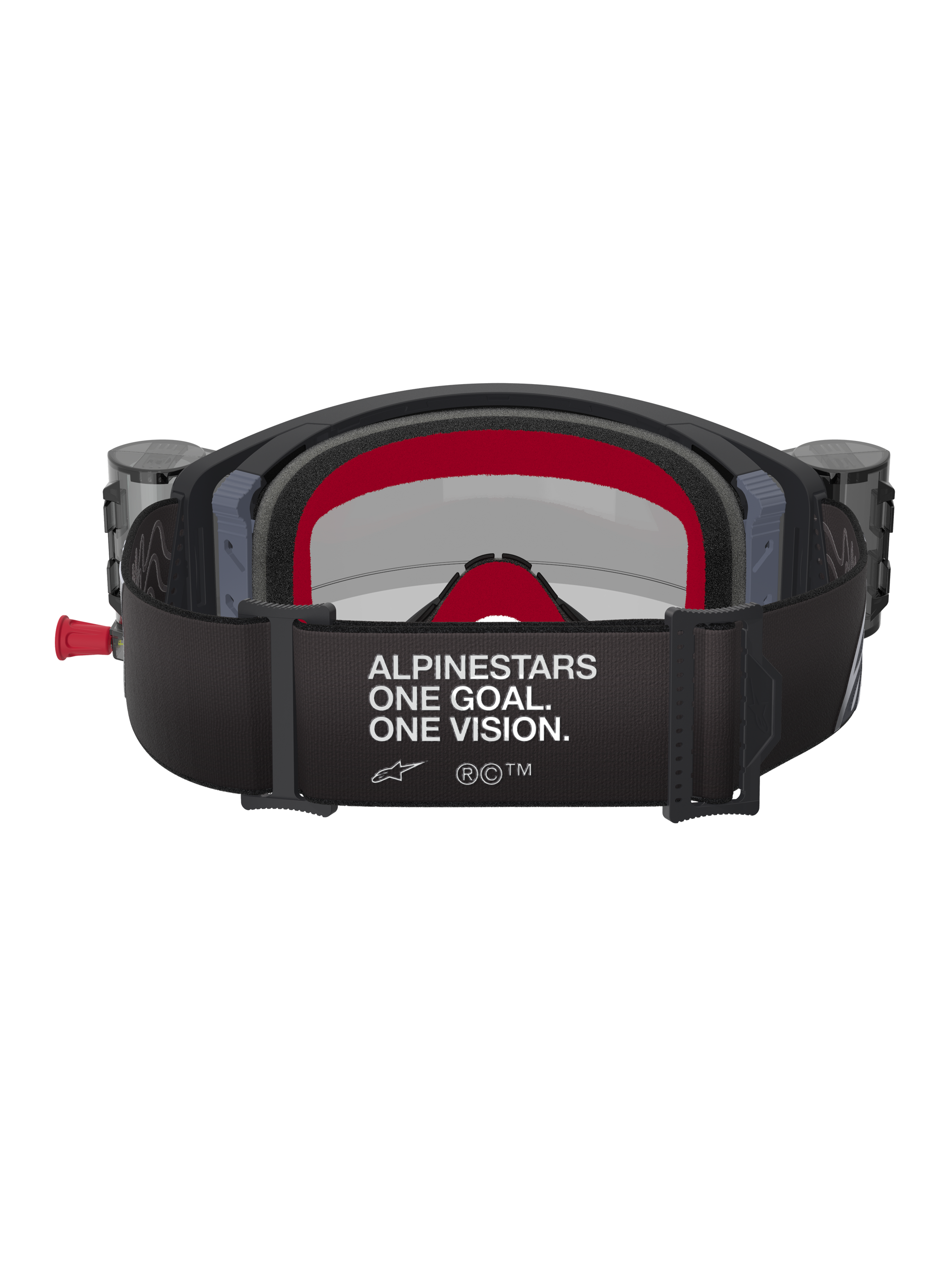 Alpinestars Supertech Corp Goggles Roll Off, Black and Grey with Red accents, rear view showing wide strap with 'ALPINESTARS ONE GOAL. ONE VISION.' white text, integrated roll-off canisters on sides, and red multi-layer face foam, professional motocross eye protection