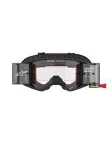 Alpinestars Supertech Corp Goggles Roll Off, Motocross and MTB Goggles, Black and Grey with Red interior foam, Clear Lens featuring Wide Vision Roll-Off system, "ONE GOAL. ONE VISION." branding, technical off-road eye protection with modern angular design
