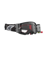 Alpinestars Supertech Corp Goggles Roll Off, Black and Grey, featuring a Wide Vision Roll-Off system with transparent canisters, a clear lens with silicone glide lines, and a wide black strap with the white Astars logo, designed for professional motocross and off-road racing.