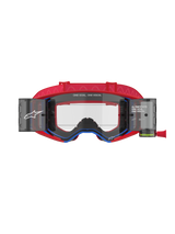 Alpinestars Supertech Corp Goggles Roll Off, Motocross Goggles, Red and Blue, Clear injection-molded lens with integrated roll-off canisters and film, red patterned strap, professional off-road racing eye protection