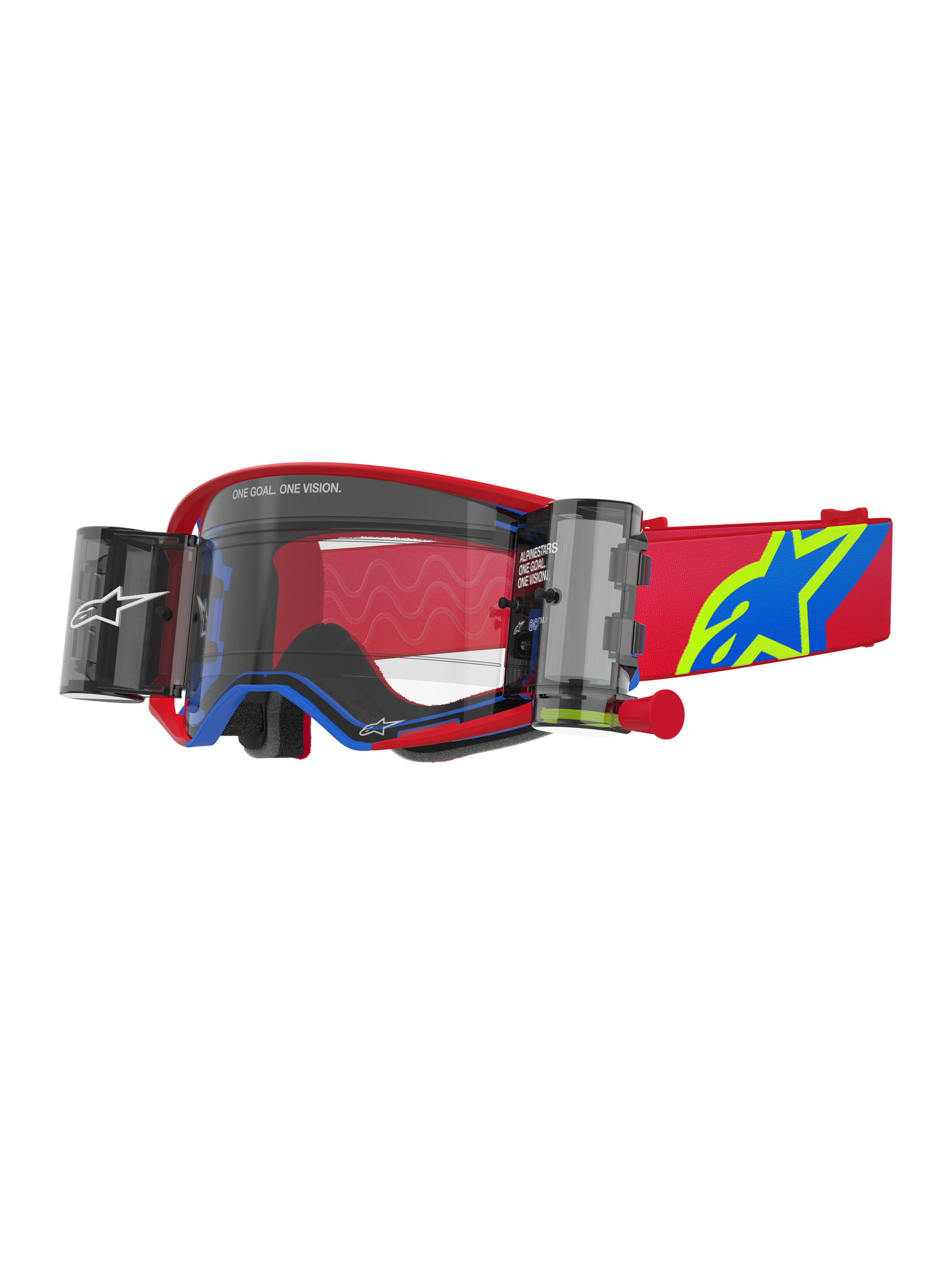 Alpinestars Supertech Corp Goggles Roll Off, Motocross Goggles, Red and Blue with Clear Lens, features integrated Wide Vision Roll-Off system, clear injection-molded lens, red frame with blue accents, wide red strap with blue and yellow star logo, professional off-road racing eye protection