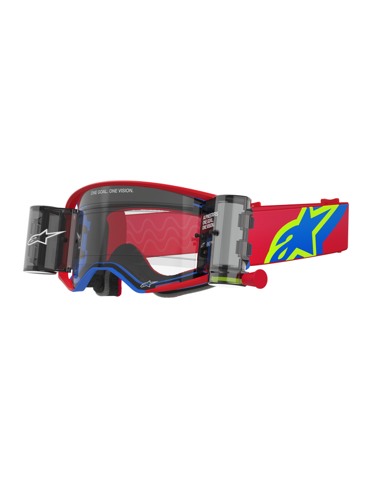 Alpinestars Supertech Corp Goggles Roll Off, Motocross Goggles, Red and Blue with Clear Lens, features integrated Wide Vision Roll-Off system, clear injection-molded lens, red frame with blue accents, wide red strap with blue and yellow star logo, professional off-road racing eye protection