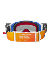 Alpinestars Supertech Corp Goggles Roll Off, rear view, orange and yellow gradient strap featuring white 'Alpinestars One Goal. One Vision.' text, blue and white frame components with black 3D molded face foam, integrated roll-off system canisters visible on sides