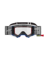 Alpinestars Supertech Corp Goggles Roll Off, Motocross Goggles, Blue and White frame with Orange accents, integrated wide-view roll-off system with clear lens, professional off-road eye protection featuring Alpinestars branding and "One Goal. One Vision." text