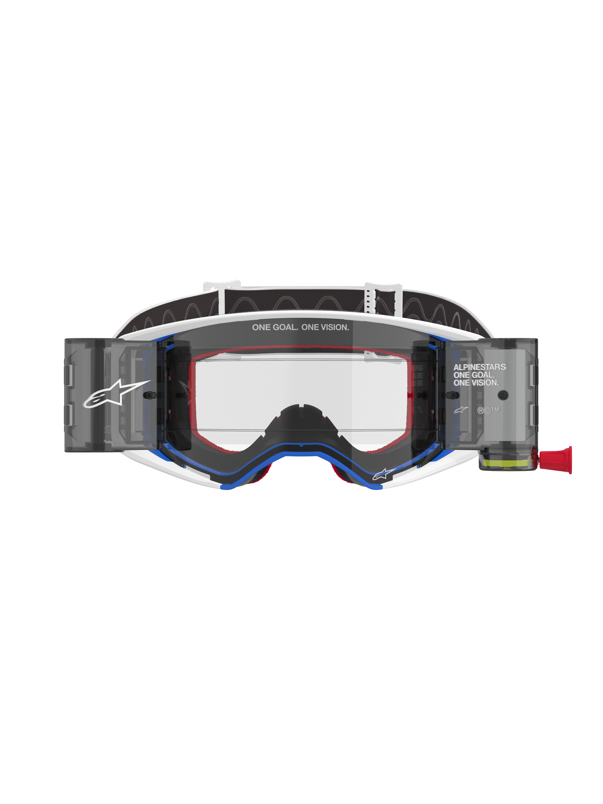 Alpinestars Supertech Corp Goggles Roll Off, Motocross Goggles, Blue and White frame with Orange accents, integrated wide-view roll-off system with clear lens, professional off-road eye protection featuring Alpinestars branding and "One Goal. One Vision." text
