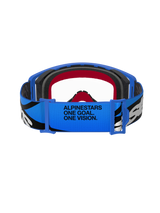 Alpinestars Supertech Stream Goggles, Motocross Goggles, Blue and Clear, rear view of blue strap with "ALPINESTARS ONE GOAL. ONE VISION." text, black and white graphics, and red and black foam lining