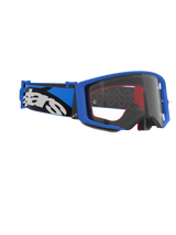 Alpinestars Supertech Stream Goggles, Motocross Goggles, Blue Frame and Clear Lens, blue and black strap with white Alpinestars logo, high-performance eyewear for racing