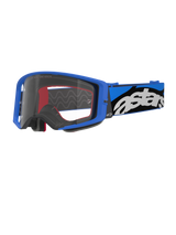 Alpinestars Supertech Stream Goggles, Motocross Goggles, Blue and Clear, bright blue frame with a clear lens, wide blue and black adjustable strap with a bold white 'astars' logo, red interior foam accents, professional eyewear for off-road and motocross racing