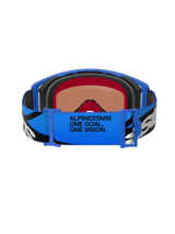 Alpinestars Supertech Stream Goggles, Motocross Goggles, Blue Mirror Blue, back view showing blue adjustable strap with black and white graphics and 'ALPINESTARS ONE GOAL. ONE VISION.' text, multi-layer face foam for comfort and seal