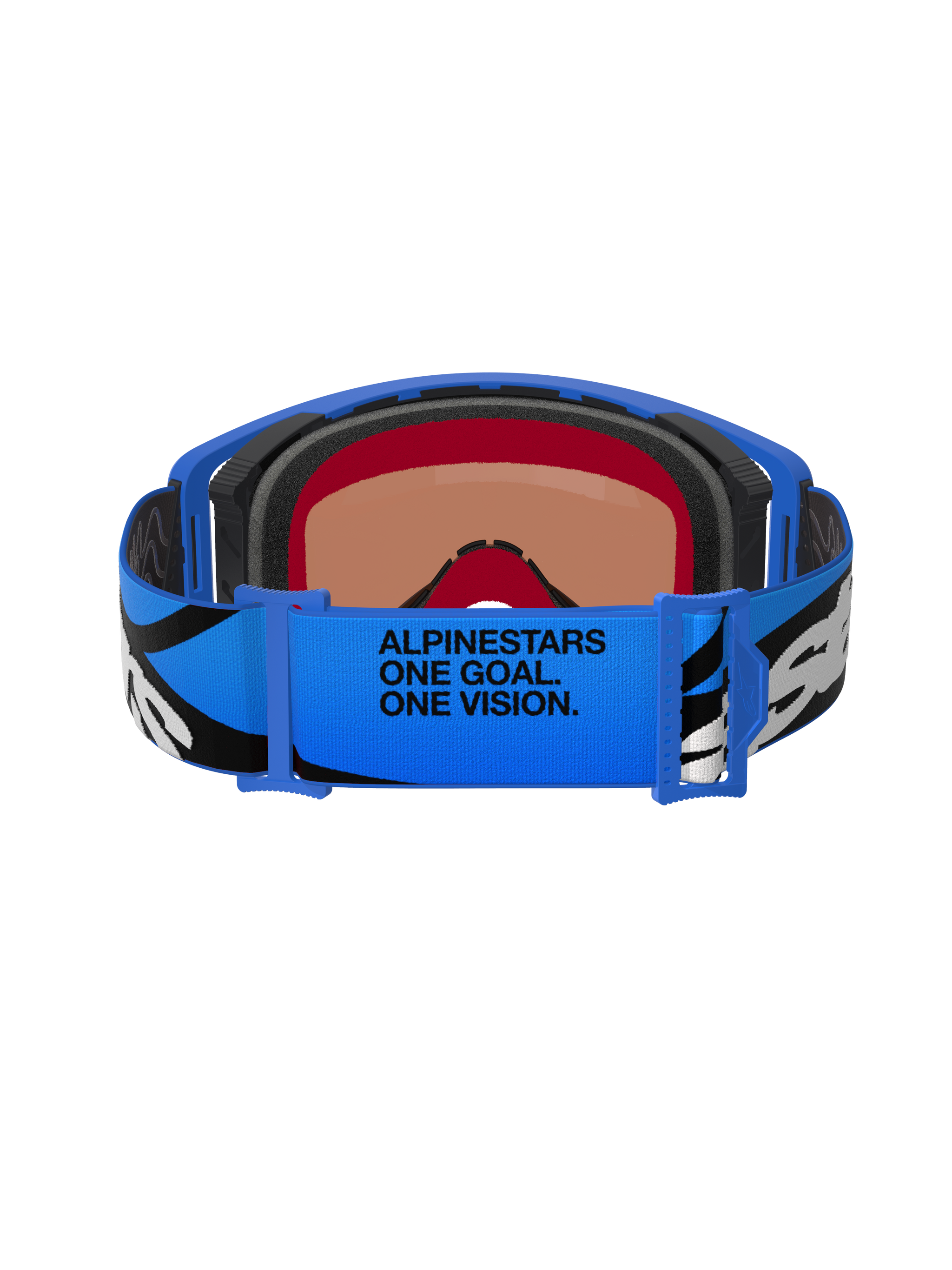 Alpinestars Supertech Stream Goggles, Motocross Goggles, Blue Mirror Blue, back view showing blue adjustable strap with black and white graphics and 'ALPINESTARS ONE GOAL. ONE VISION.' text, multi-layer face foam for comfort and seal