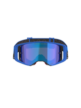 Alpinestars Supertech Stream Goggles, Motocross Goggles, Blue Mirror lens with Blue frame, front-facing view, black strap with white logo, featuring 'ONE GOAL... ONE VISION.' text on the lens, high-performance off-road racing eyewear