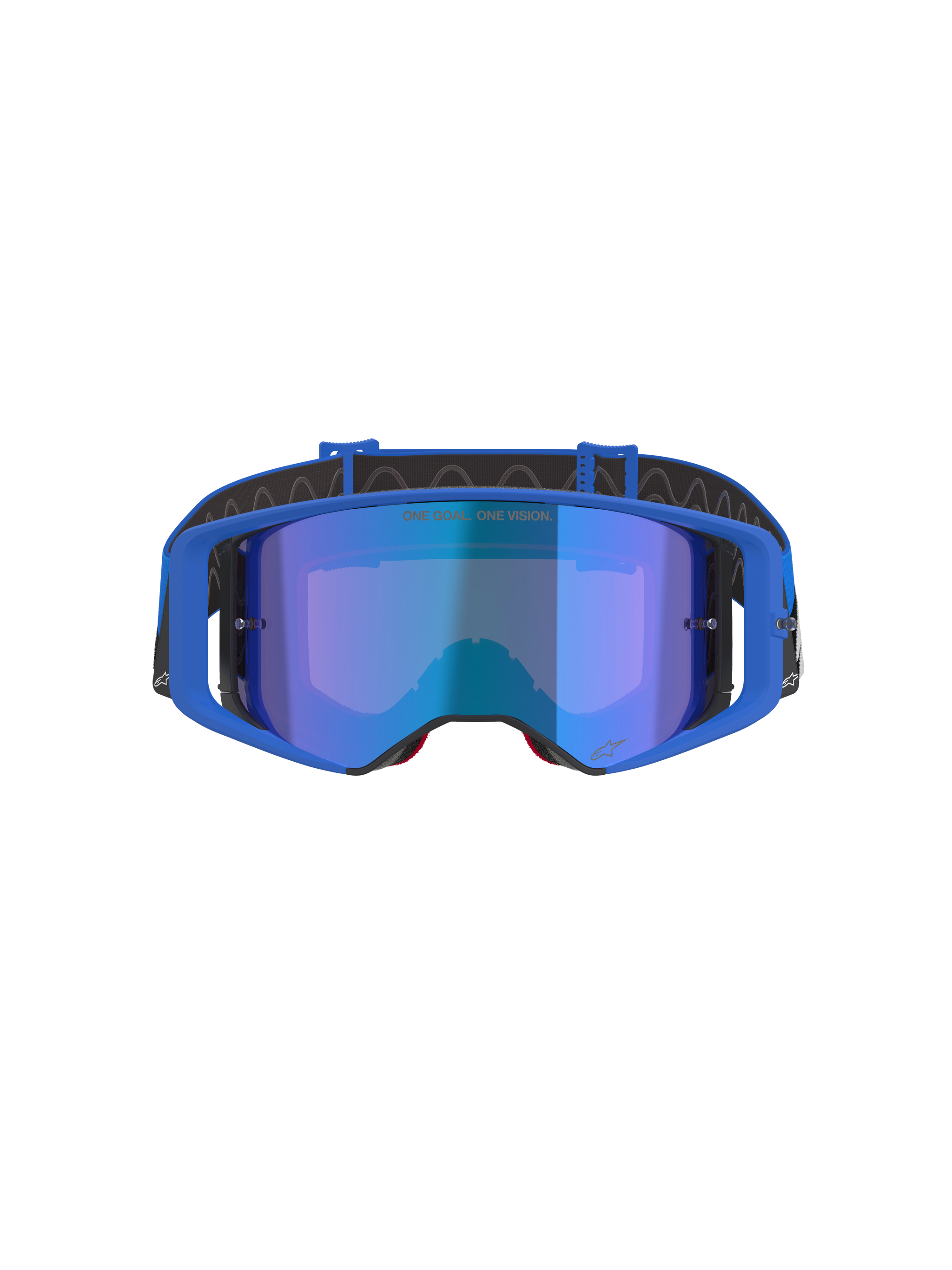 Alpinestars Supertech Stream Goggles, Motocross Goggles, Blue Mirror lens with Blue frame, front-facing view, black strap with white logo, featuring 'ONE GOAL... ONE VISION.' text on the lens, high-performance off-road racing eyewear