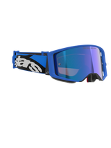 Alpinestars Supertech Stream Goggles, Blue Mirror Blue, motocross goggles featuring a blue frame and mirrored blue lens, blue and black adjustable strap with bold white Alpinestars logo, professional off-road racing eyewear.