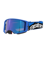 Alpinestars Supertech Stream Goggles, Motocross Off-road Goggles, Bright Blue Frame with Blue Mirror Lens, Wide Blue and Black Strap with White Astars Logo, Grey Foam Padding, Professional Racing Equipment