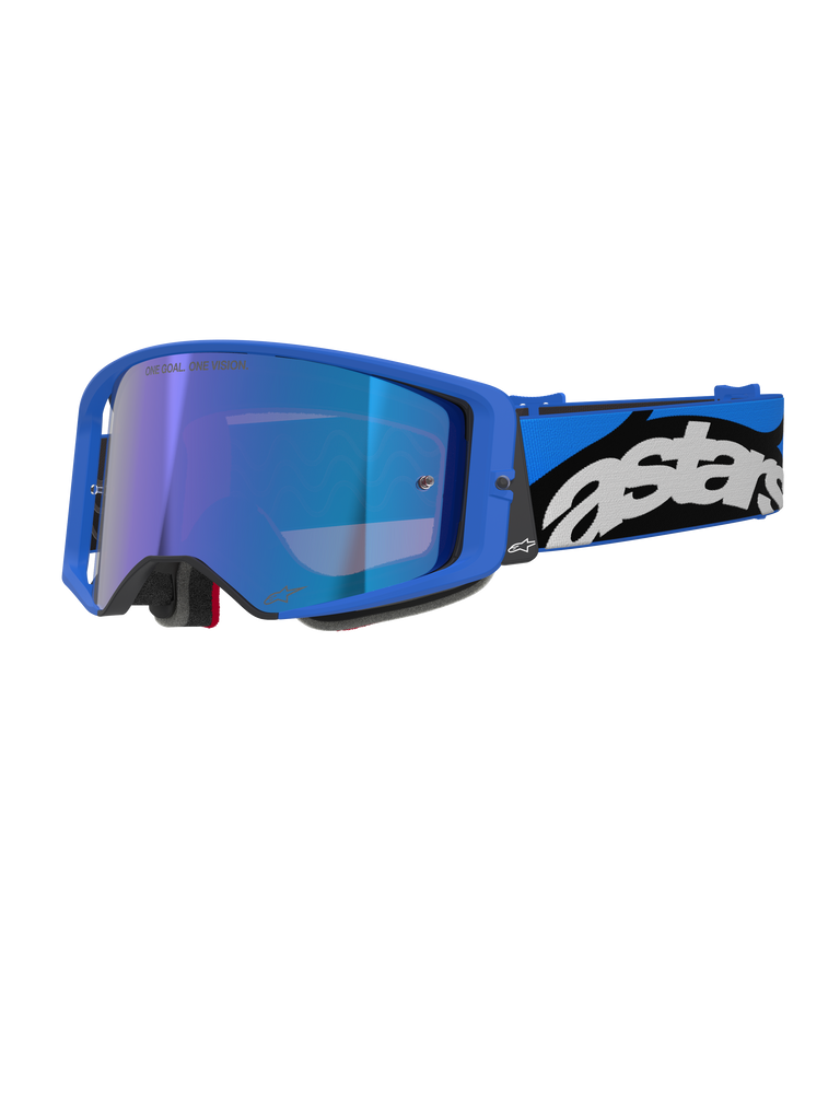 Alpinestars Supertech Stream Goggles, Motocross Off-road Goggles, Bright Blue Frame with Blue Mirror Lens, Wide Blue and Black Strap with White Astars Logo, Grey Foam Padding, Professional Racing Equipment