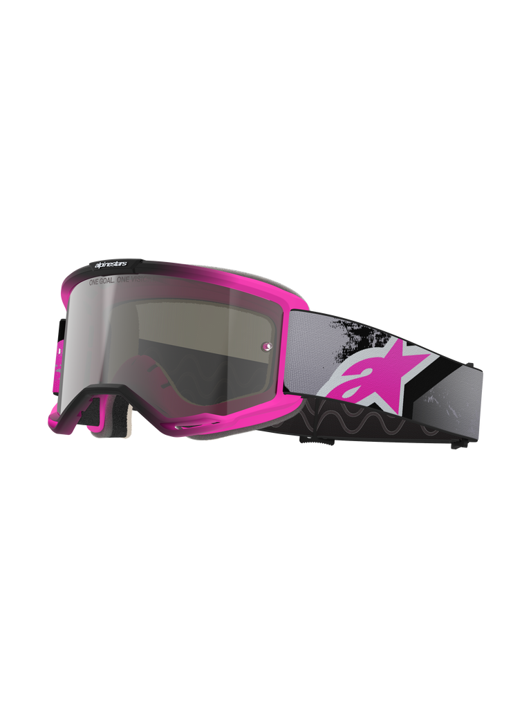 Alpinestars Vision 5 Lahnd Goggles, Motocross Goggles, Iron Pink Fluo and Black, Mirror Silver tinted lens with 'One Goal One Vision' text, adjustable grey strap with large pink logo, ventilated urethane frame for off-road performance