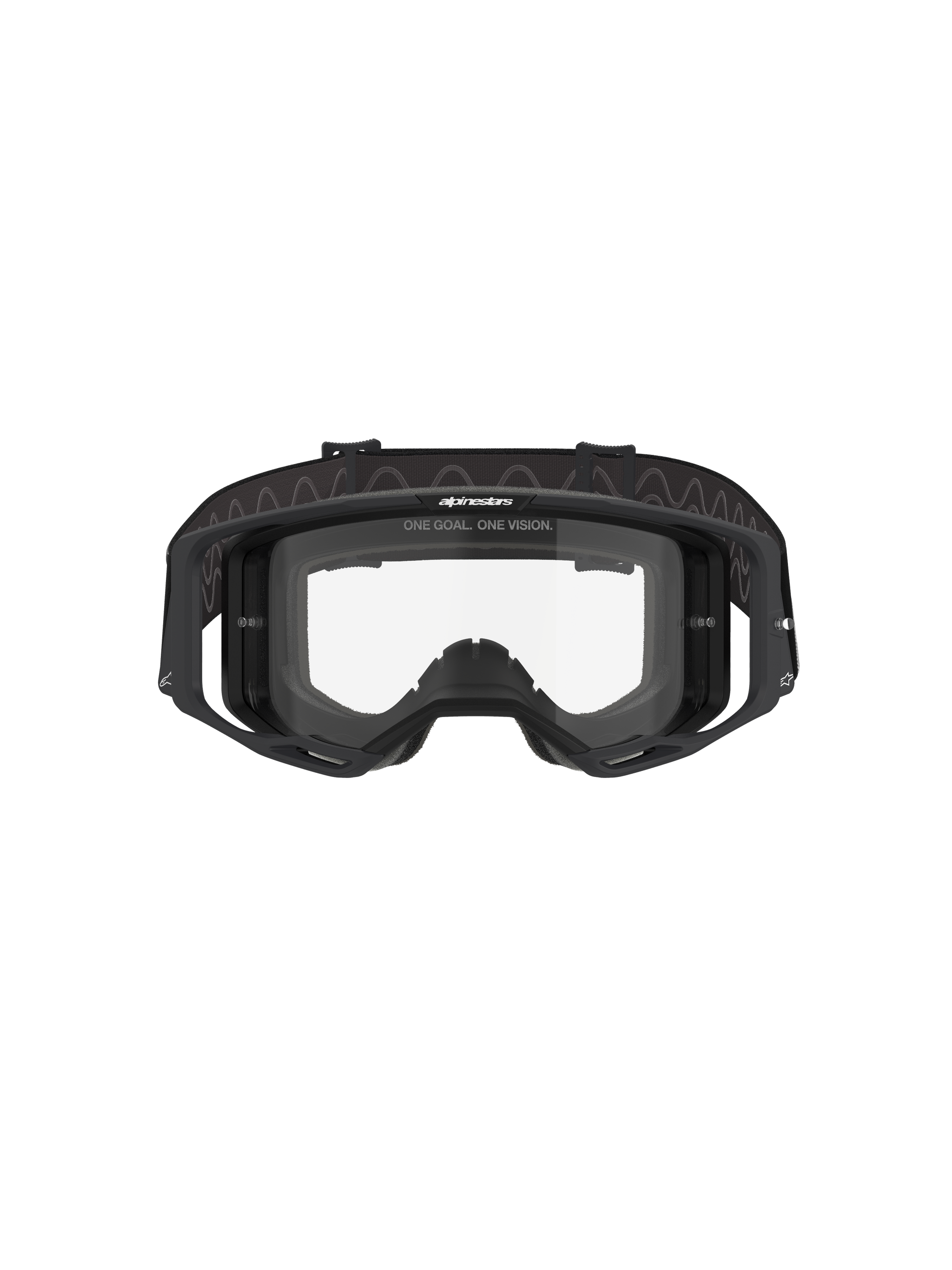 Alpinestars Vision 8 Corp Goggles, Motocross Goggles, Black frame with Clear lens, front view showing the wide-view design, integrated outriggers, and woven strap with Alpinestars branding, professional off-road racing eye protection