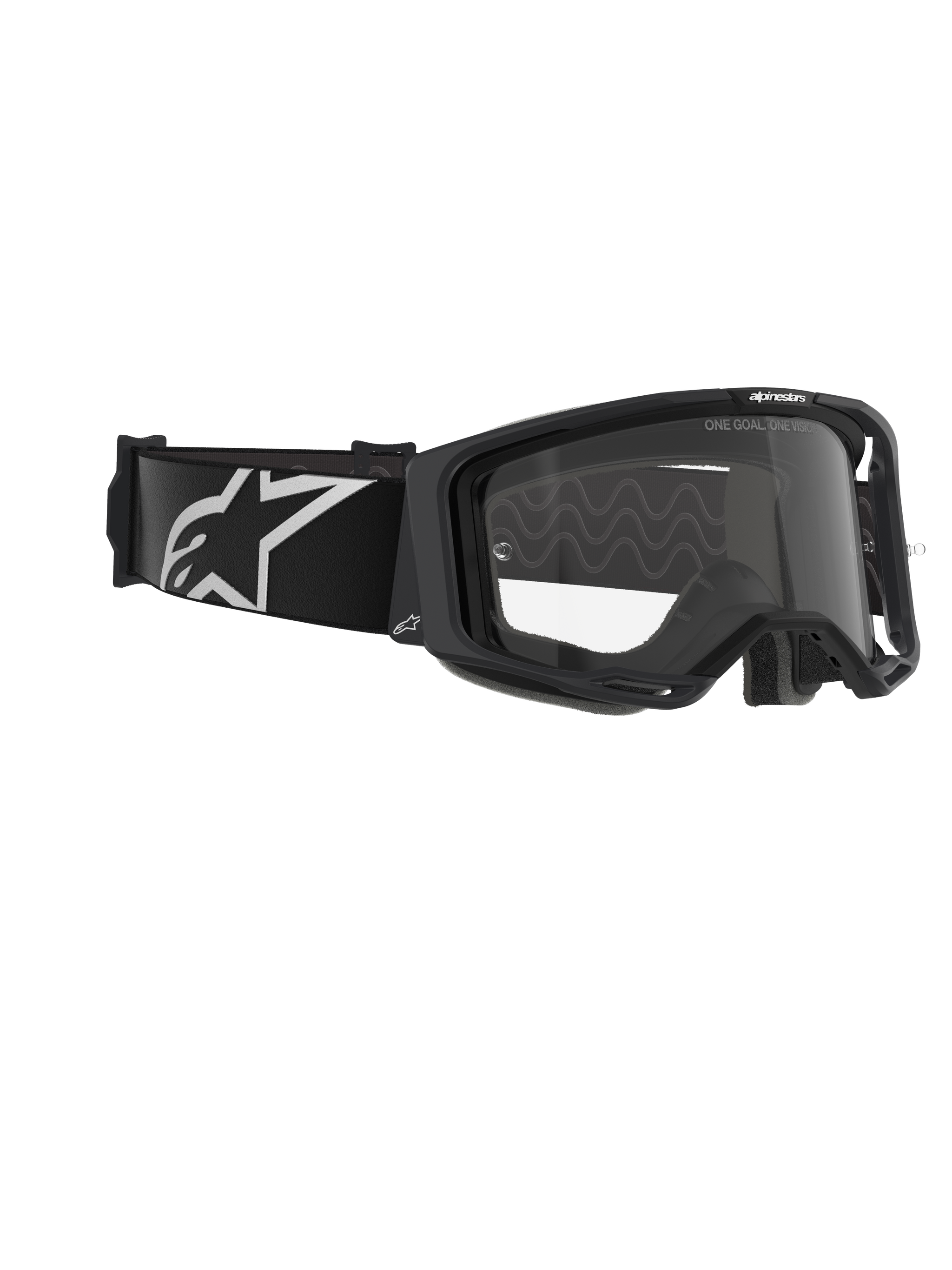 Alpinestars Vision 8 Corp Goggles, Motocross Goggles, Black frame with Clear lens, wide black woven strap featuring white A-star logo, clear protective eyewear with 'ONE GOAL. ONE VISION.' text, professional racing design for off-road performance